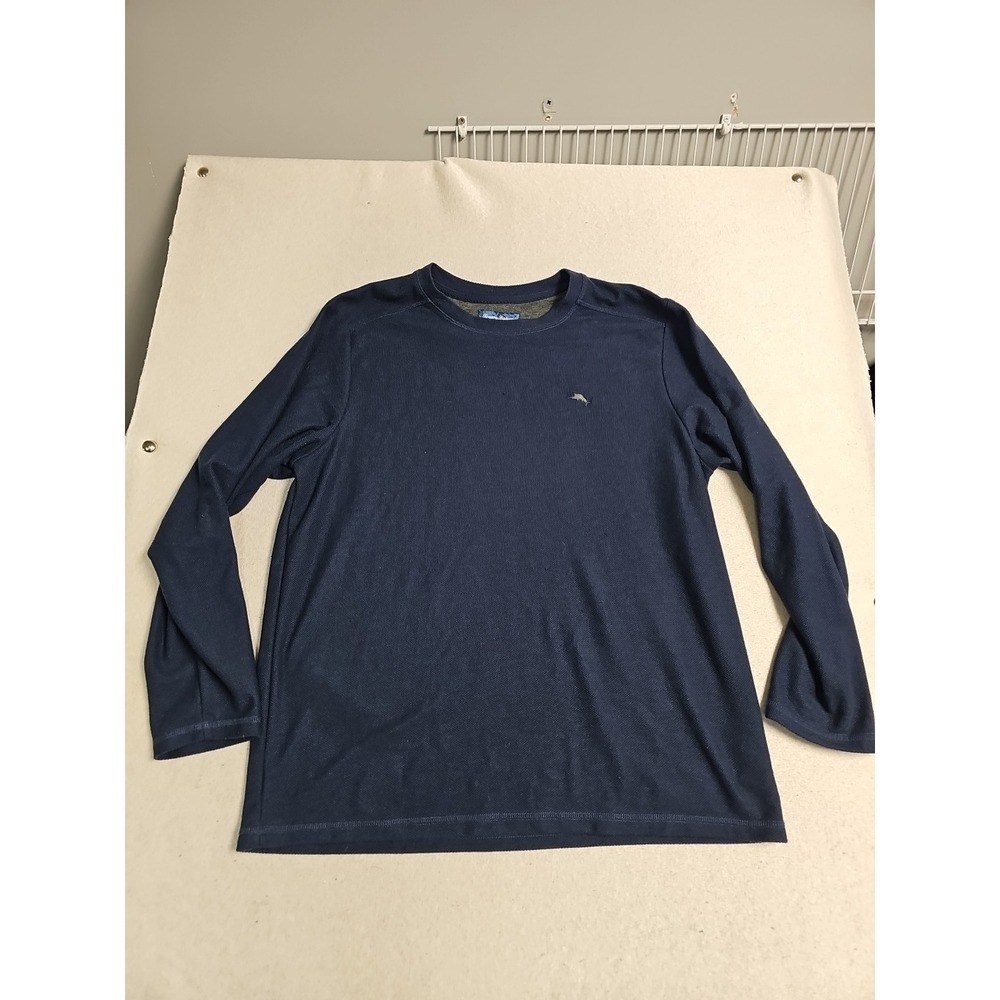 Tommy Bahama Mens Large Navy Blue Long Sleeve Waffle Knit‎ Crew Neck Shirt Logo